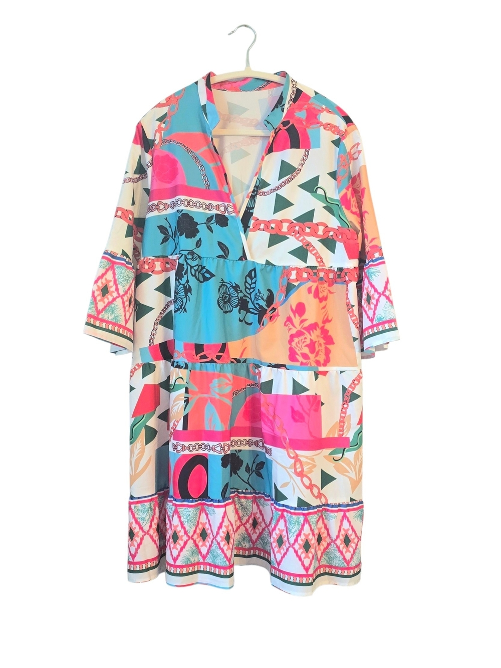 Bright Patchwork Midi Dress in Turquoise, Pink & Cream * Summer Vibes *